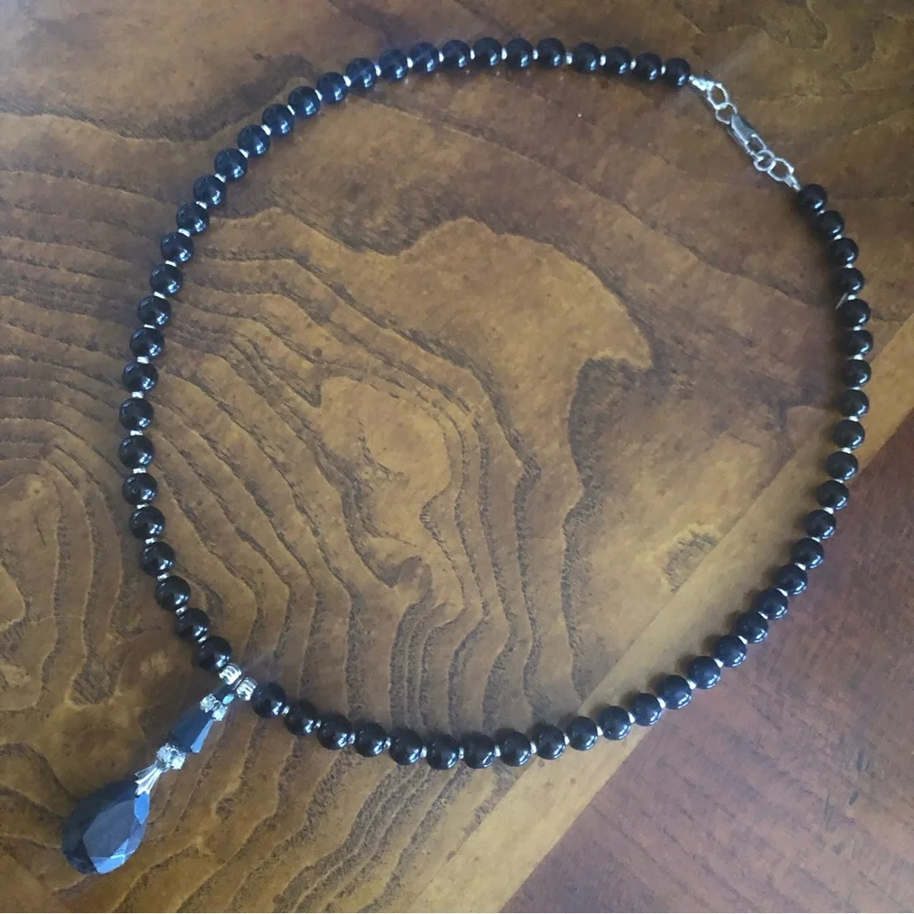Handcrafted repurpose faceted black crystal pendant Czech glass Pearl necklace